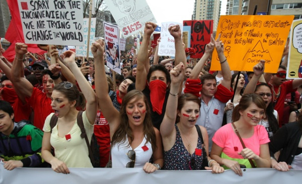 The students march along Sherbrooke St to demonstrate against pending tuition increases in Montreal, on Thursday, March 22, 2012. 