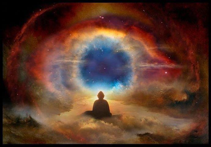 spiritual person meditating in inner galaxy, anarchism