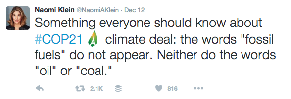 Naomi Klein Tweet Doesn't Contain Fossil Fuels